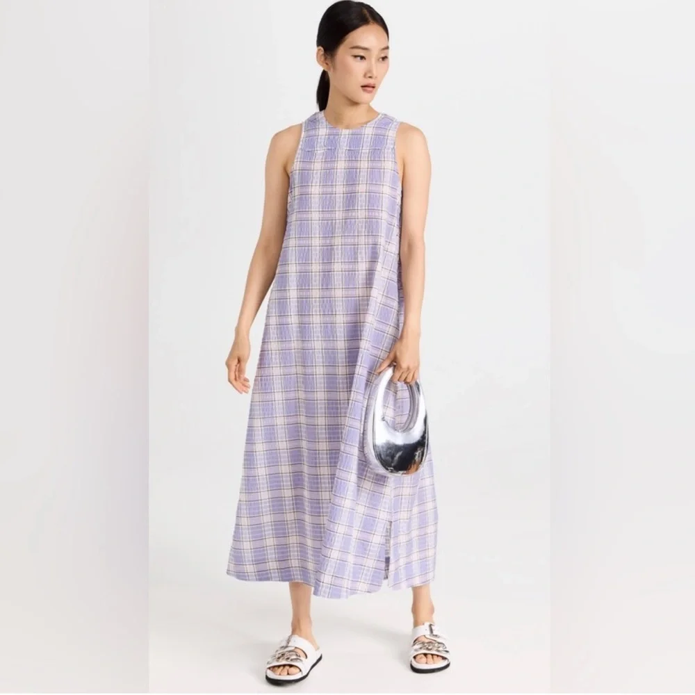 GANNI Seersucker Check Maxi Dress In Check Persian Violet, Size 36 - Picture 2 of 9